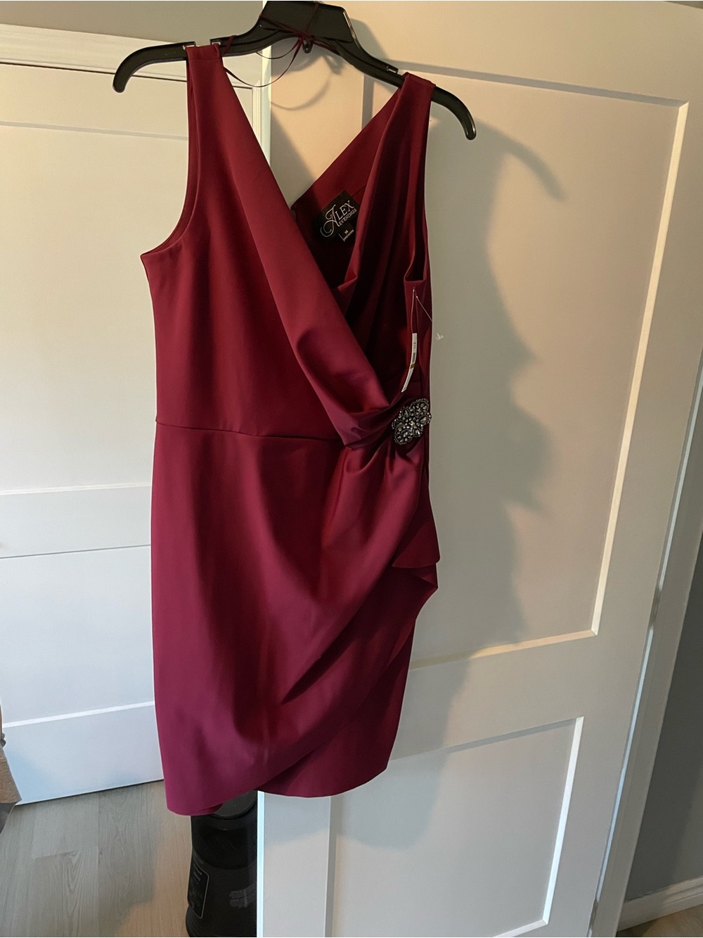 Alex Evenings One-Shoulder Wine Sheath Dress with Brooch Detail